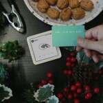 A person holding a card next to a plate of cookies